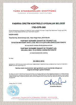 TS EN 998-2 Tuğla Harcı CE Belgesi 2022